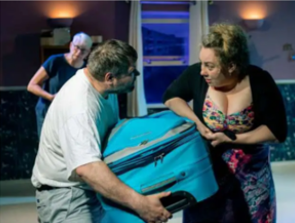 An action shot from Richard Boggie and Lisette Auton's play 'Chop, Dissolve, Burn'